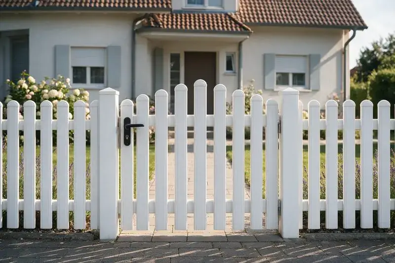 Bela pešačka PVC kapija u liniji sa ogradom